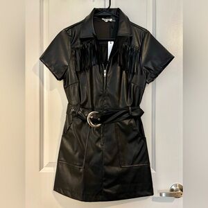 Black Faux Leather Fringe Mini Dress